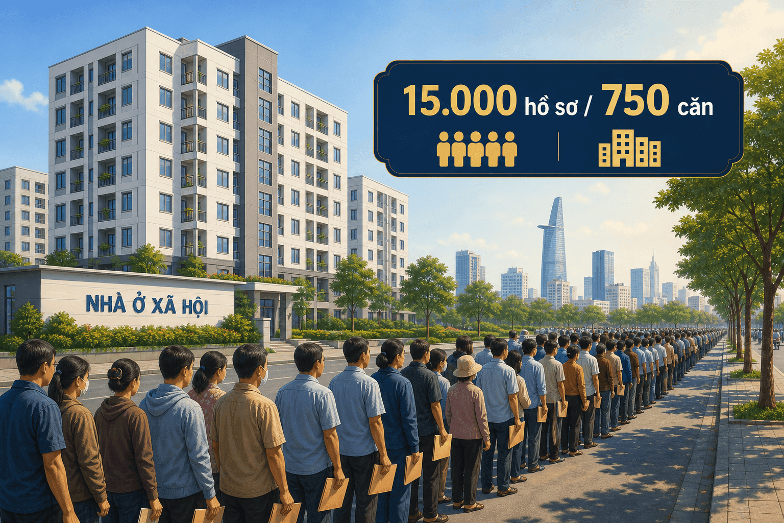 Minh họa nhu cầu nhà ở xã hội tại TP. Hồ Chí Minh vượt xa nguồn cung — hàng nghìn hồ sơ cho vài trăm căn