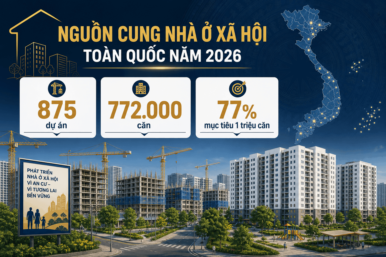 Minh họa nguồn cung nhà ở xã hội cả nước: 875 dự án, gần 772.000 căn, đạt khoảng 77% mục tiêu 1 triệu căn